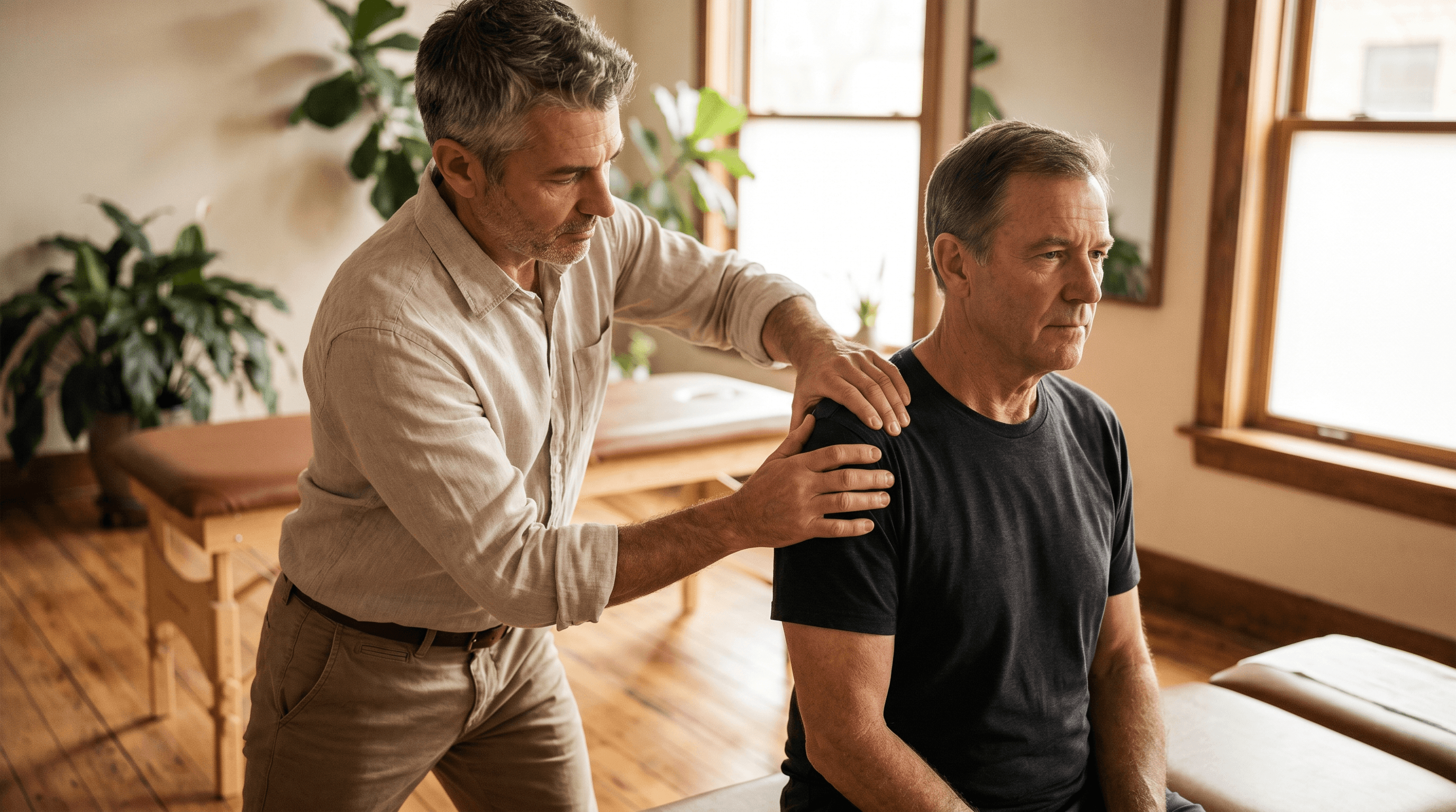 Brendan performing manual therapy on a patient's shoulder