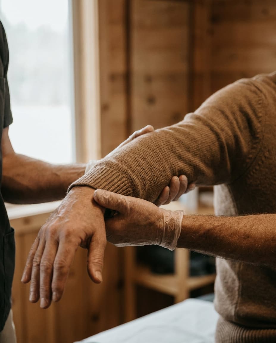 A physical therapist's hands guiding a patient through a shoulder mobility movement